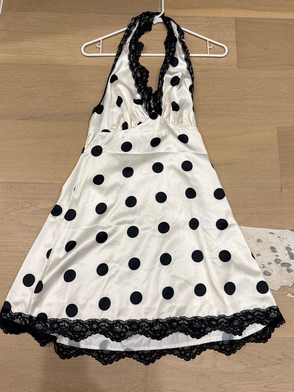 Black & White Polka Dot Halter Formal Dress with Lace Trim